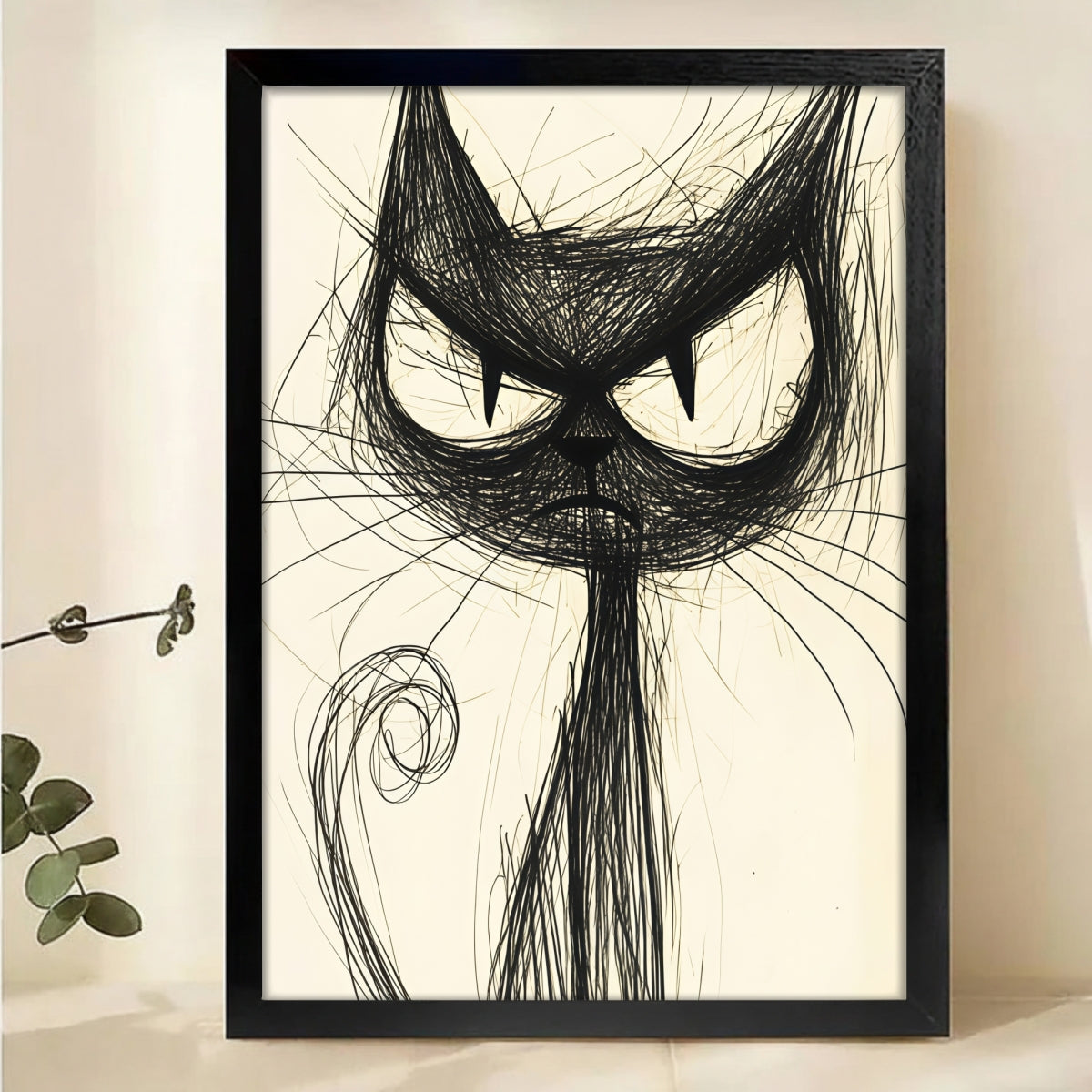 Sketchy Black Cat Art Print - Minimalist Line Drawing Wall Art|W1164