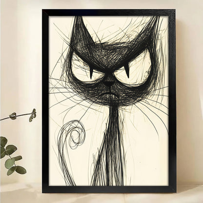 Sketchy Black Cat Art Print - Minimalist Line Drawing Wall Art|W1164