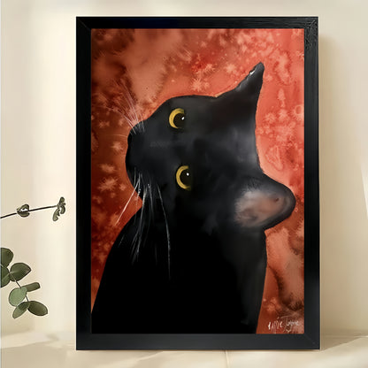 The Red-Background Artistic Black Cat – Vintage Painterly Wall Art on Natural Wood Canvas | W614