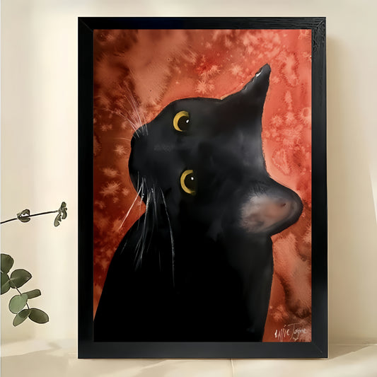 The Red-Background Artistic Black Cat – Vintage Painterly Wall Art on Natural Wood Canvas | W614