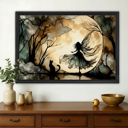 Enchanted Moon Fairy & Cat Wall Art – Mystical Forest Silhouette Canvas on Natural Wood Frame | W2205