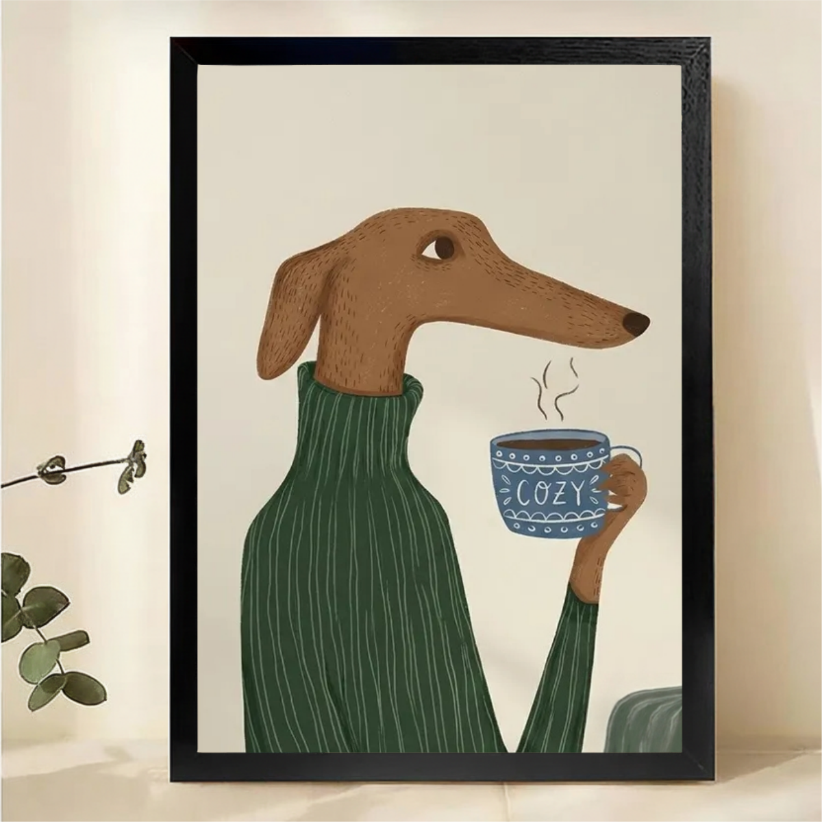 Greyhound in Green Sweater with Cozy Mug Wall Art - Cute Dog Canvas Print|W1368