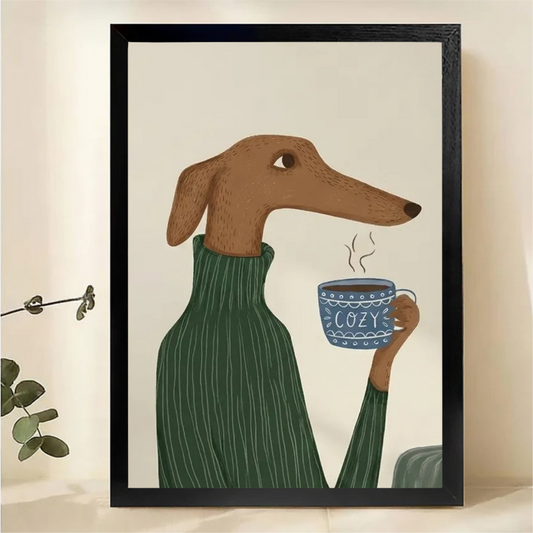 Greyhound in Green Sweater with Cozy Mug Wall Art - Cute Dog Canvas Print|W1368