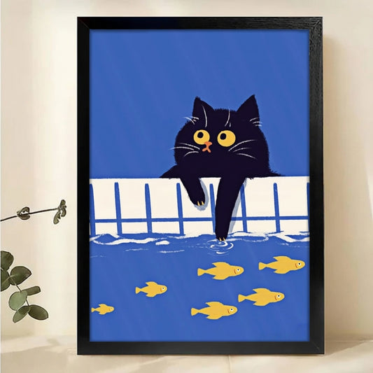 Black Cat Fishing Wall Art - Whimsical Cat and Fish Print|W1217