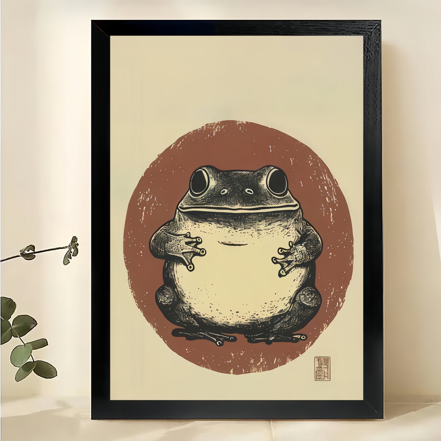 The Chubby Chest-Hugging Frog – Retro Minimalist Wall Art on Natural Wood Canvas | W602