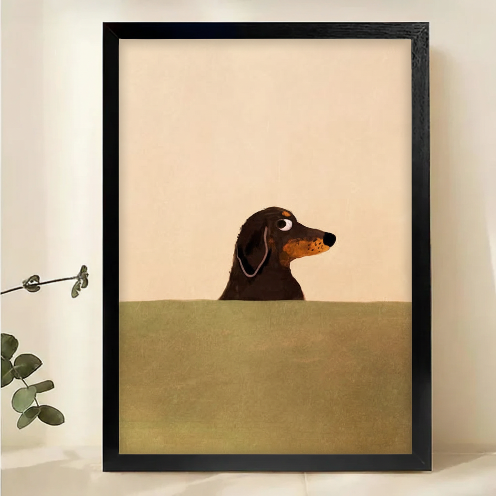 Minimalist Dachshund Portrait Wall Art – Cute Dog Illustration Canvas Print on Natural Wood Frame | W2210
