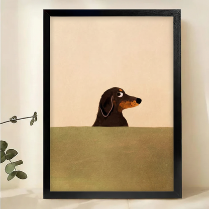 Minimalist Dachshund Portrait Wall Art – Cute Dog Illustration Canvas Print on Natural Wood Frame | W2210