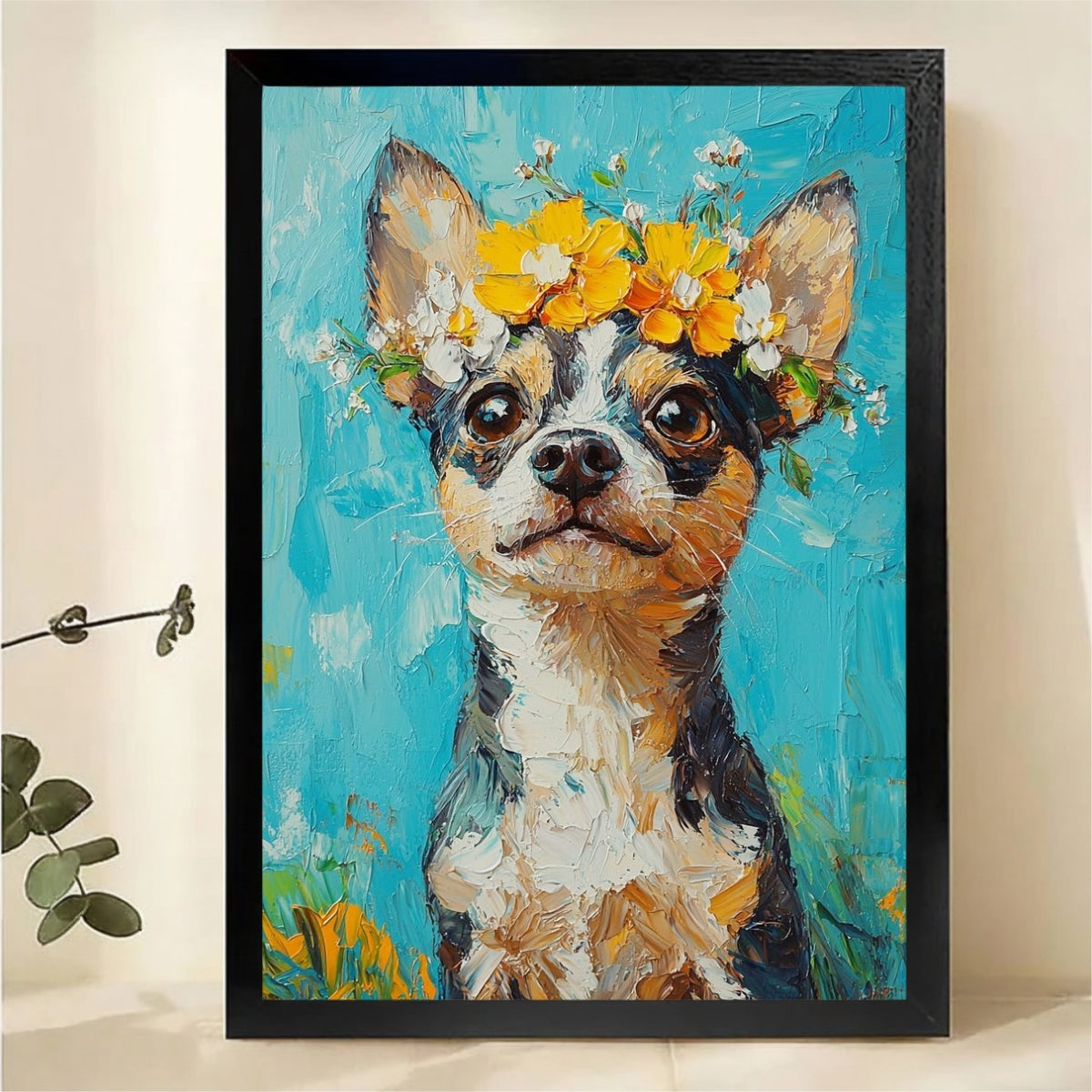 Chihuahua with Flower Crown Wall Art - Oil Painting Style Canvas Print|W1343