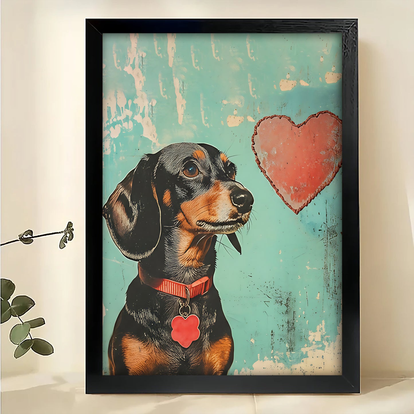 Retro Dachshund with Red Heart – Whimsical Vintage Pet Wall Art on Natural Wood Canvas | W803
