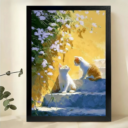 White Cats on Sunny Steps Wall Art – Bright Impressionist Cat Canvas Print on Natural Wood Frame | W2093