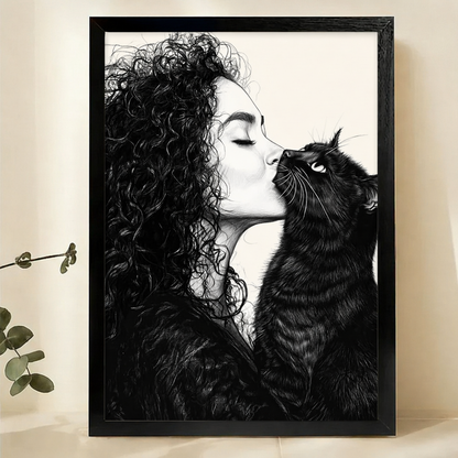 Woman & Black Cat Nose Kiss Wall Art – Intimate Sketch Canvas Print on Natural Wood Frame | W2118