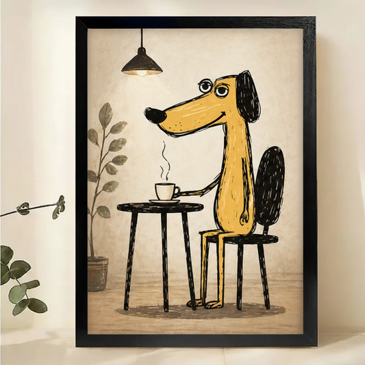 Coffee Shop Dog Wall Art – Warm Cozy Illustration Canvas Print on Natural Wood Frame | W2181