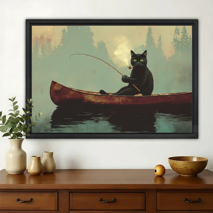 Black Cat Fishing in a Canoe Wall Art – Vintage Wilderness Canvas Print on Natural Wood Frame | W2165