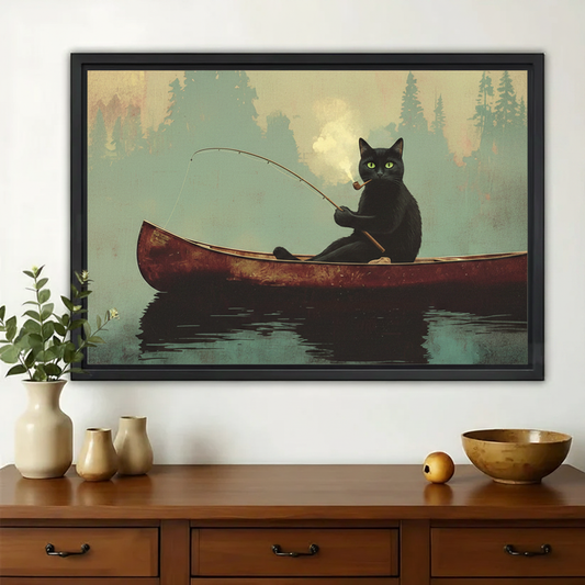 Black Cat Fishing in a Canoe Wall Art – Vintage Wilderness Canvas Print on Natural Wood Frame | W2165