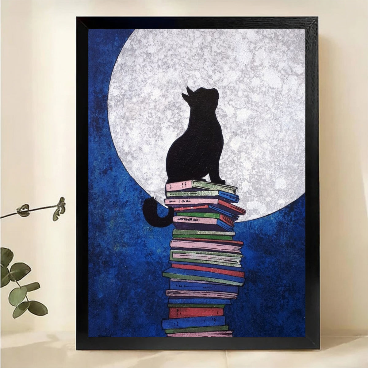 Black Cat on Stack of Books Under Full Moon Wall Art - Canvas Print|W1358