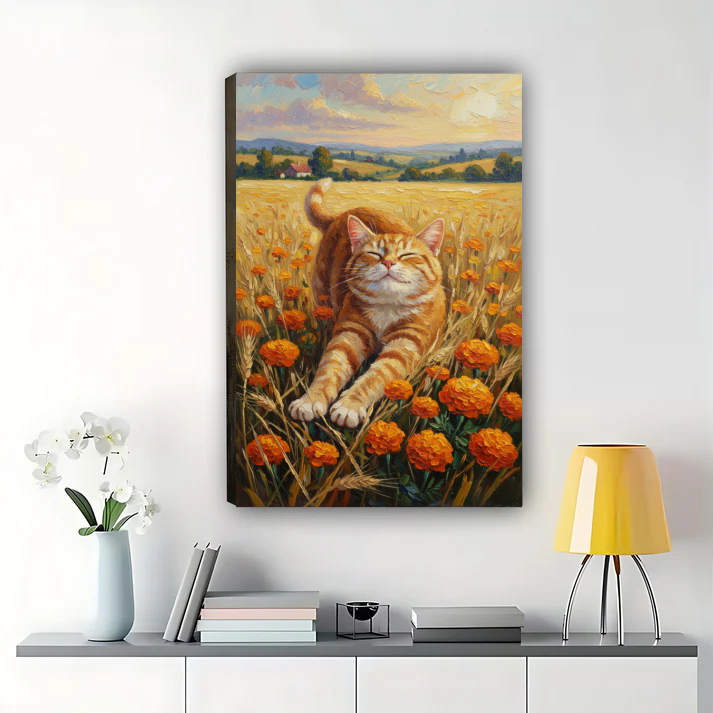 Happy Cat in Wheat Field Wall Art - Countryside Landscape Print| W1047