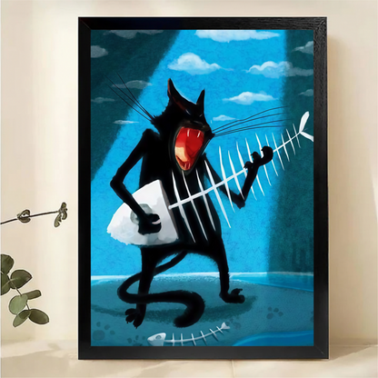 Cat Playing Fish Bone Guitar Wall Art - Bold Blue Print|W1254