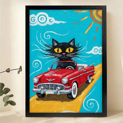 Black Cat in Vintage Red Car Art - Retro Road Trip Decor|W1110