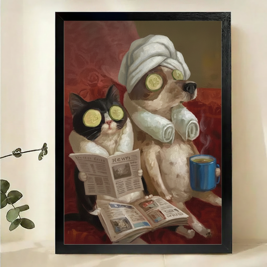 Cat & Dog Spa Day Wall Art – Funny Luxury Pet Canvas Print on Natural Wood Frame | W2104