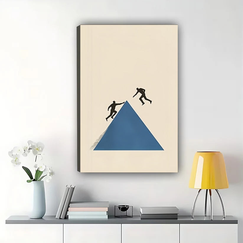 Two Figures on Blue Pyramid – Minimalist Abstract Wall Art on Natural Wood Canvas | W959