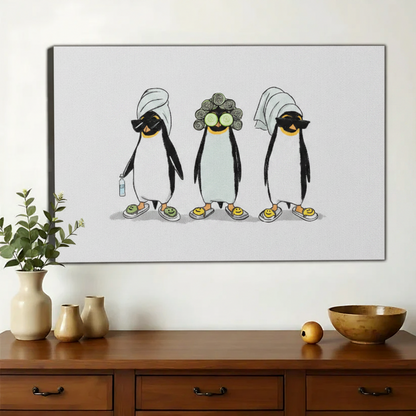 Self-Care Spa Penguins Wall Art – Whimsical Funny Penguin Canvas Print on Natural Wood Frame | W2231