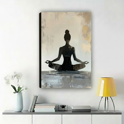 Meditating Woman Silhouette Wall Art – Zen Yoga Canvas Print on Natural Wood Frame | W2115