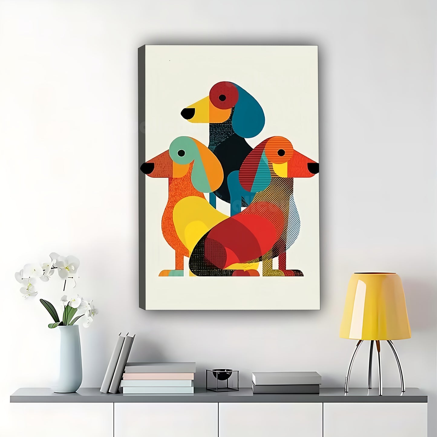 The Geometric Dachshund Trio – Modern Pop Wall Art on Natural Wood Canvas | W596