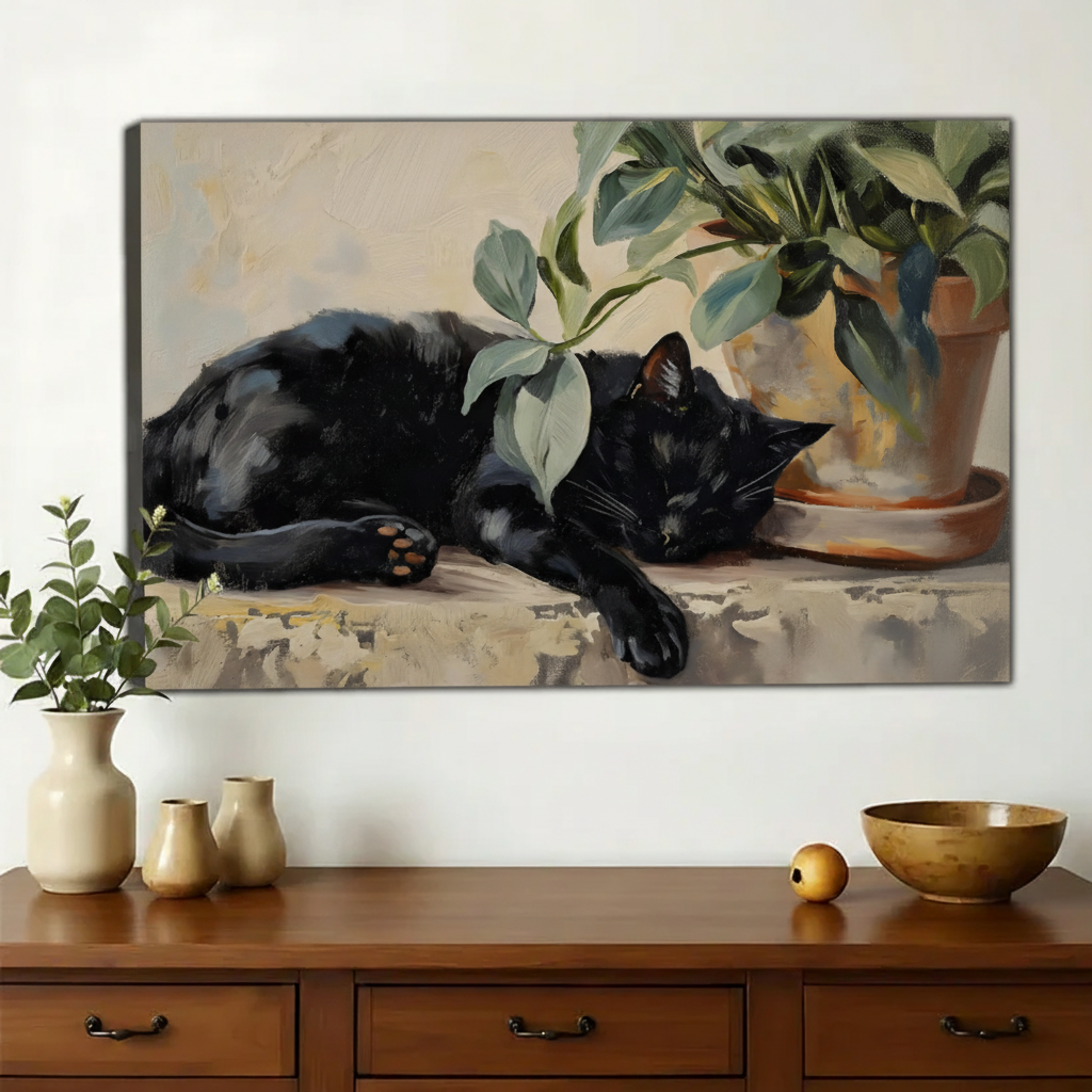 Sleeping Black Cat with Greenery – Vintage Oil Painting Style Wall Art on Natural Wood Canvas | W953