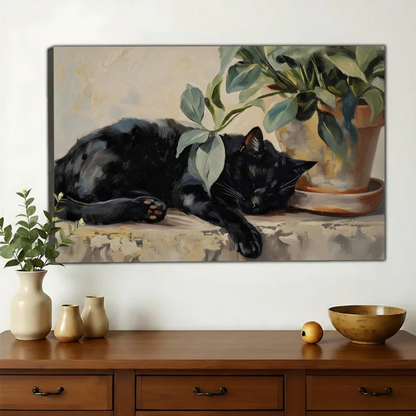Sleeping Black Cat with Greenery – Vintage Oil Painting Style Wall Art on Natural Wood Canvas | W953