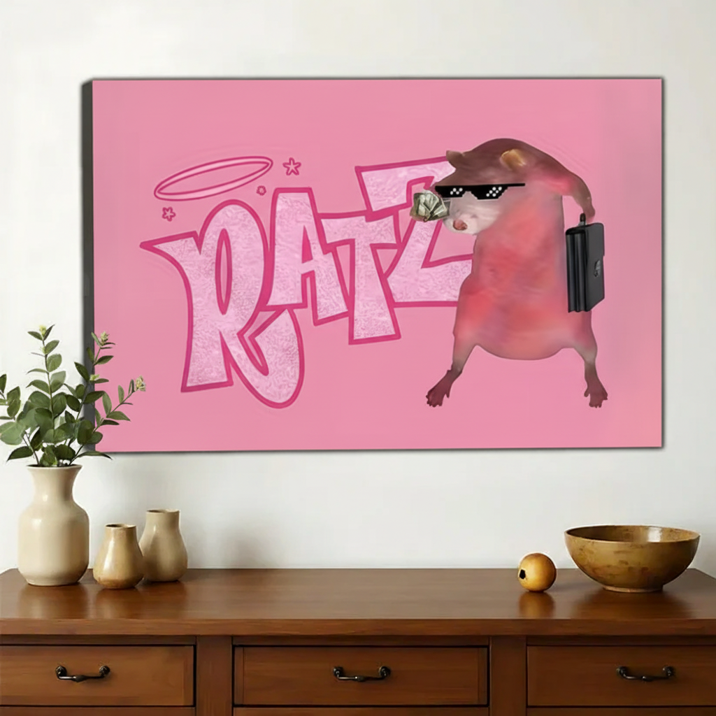Funny Pink "RATZ" Rat Banner Wall Art – Humorous Retro Rat Canvas Print | W2081