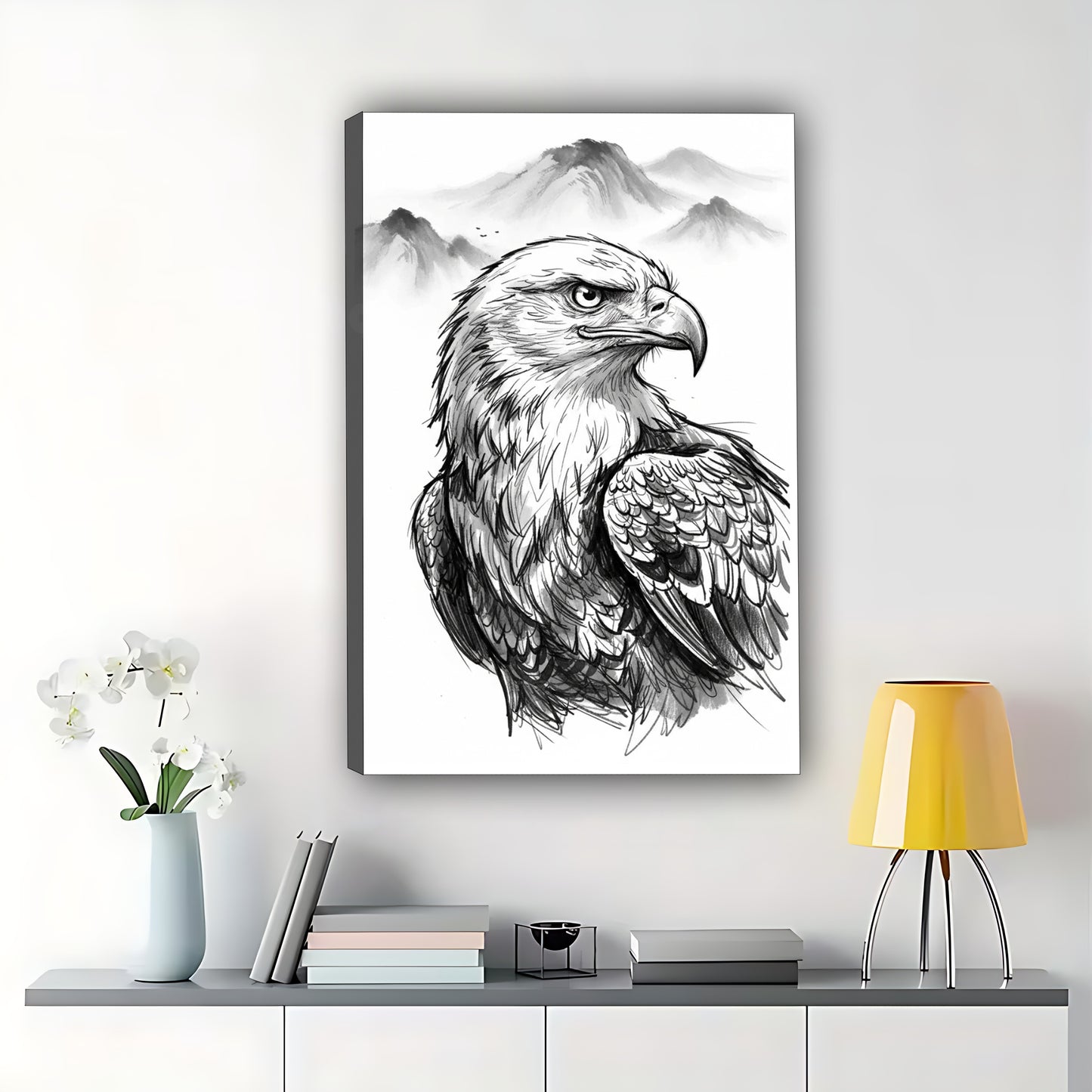 The Ink-Wash Style Eagle – Majestic Minimalist Wall Art on Natural Wood Canvas | W661