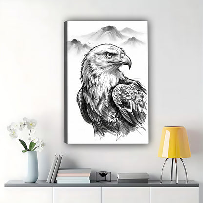 The Ink-Wash Style Eagle – Majestic Minimalist Wall Art on Natural Wood Canvas | W661