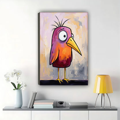 Whimsical Pink-Orange Bird Wall Art – Quirky Abstract Bird Canvas Print on Natural Wood Frame | W2425