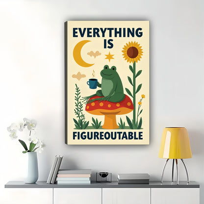 The Frog  Sunflower “Everything Is Figureoutable – Whimsical Inspirational Wall Art on Natural Wood Canvas | W668