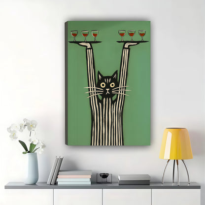 Black Cat Balancing Wine Glasses – Whimsical Bar-Themed Wall Art on Natural Wood Canvas | W820