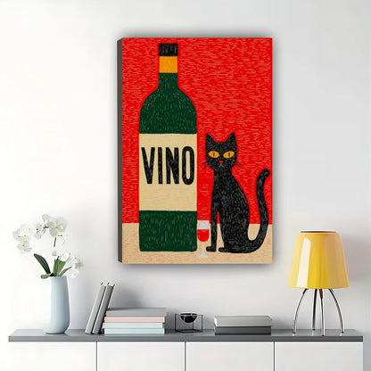 VINO Black Cat Wine – Retro Cat & Wine Bar Wall Art on Natural Wood Canvas | W2064