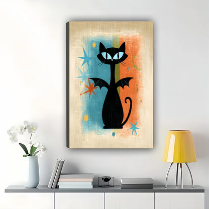 Retro Bat Cat – Mid-Century Modern Abstract Cat Wall Art on Natural Wood Canvas | W2013