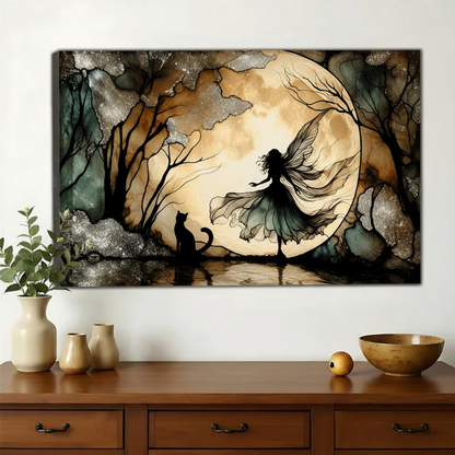Enchanted Moon Fairy & Cat Wall Art – Mystical Forest Silhouette Canvas on Natural Wood Frame | W2205