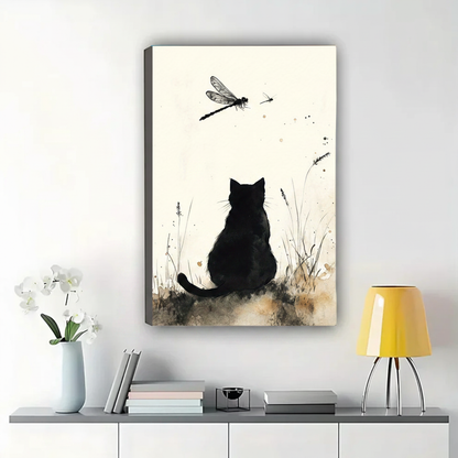Black Cat & Dragonfly Wall Art – Zen Ink Brush Cat Canvas Print on Natural Wood Frame | W2109