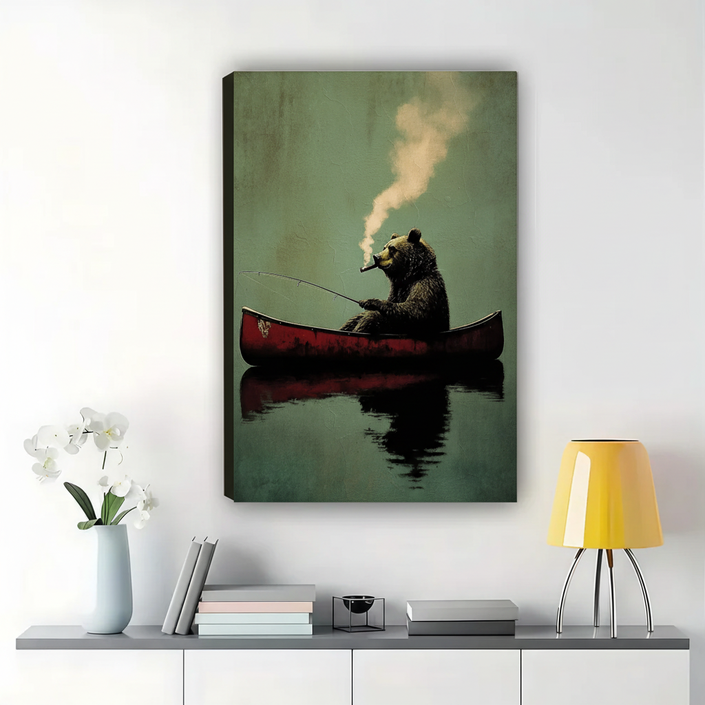 Bear Fishing in Red Canoe Wall Art – Moody Dark Luxury Animal Canvas Print on Natural Wood Frame | W2321