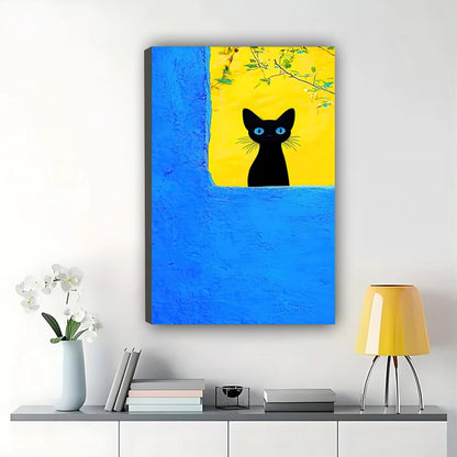 Vibrant Blue & Yellow Black Cat Wall Art – Whimsical Abstract Cat Canvas Print on Natural Wood Frame | W2075