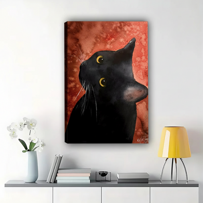 The Red-Background Artistic Black Cat – Vintage Painterly Wall Art on Natural Wood Canvas | W614