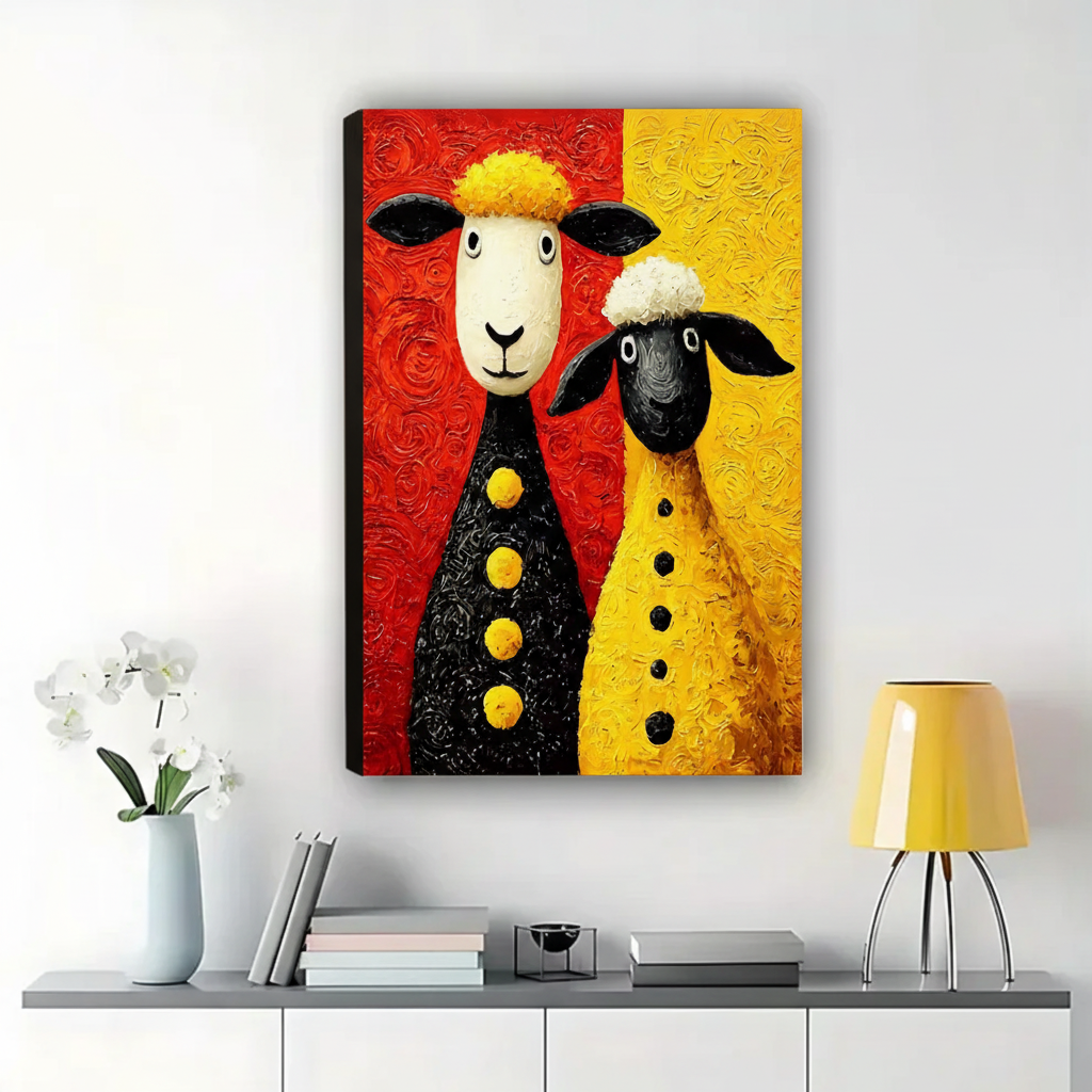 Two Whimsical Sheep Wall Art – Bold Colorful Folk Art Canvas Print on Natural Wood Frame | W2246