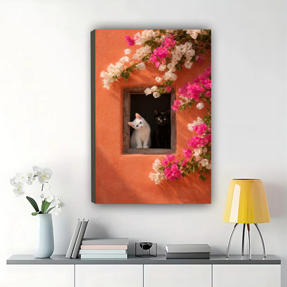 Mediterranean Window Cat Wall Art – Floral Orange Wall Cat Canvas Print Wood Framed | W2300
