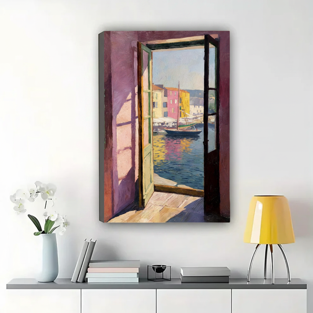 Mediterranean Harbor Through Open Window Wall Art – Impressionist Oil Painting Canvas Print on Natural Wood Frame | W2193