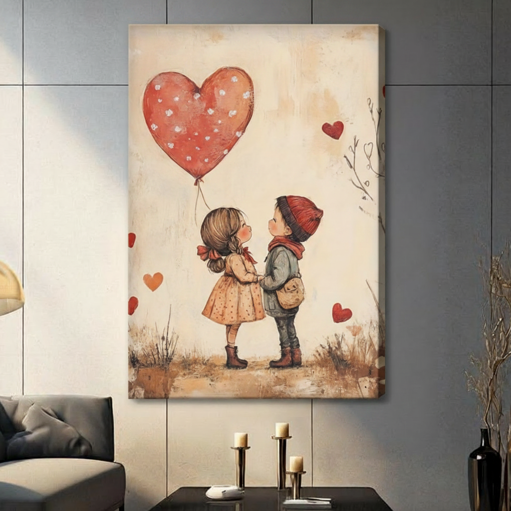 Sweet kids sharing heart balloon – storybook canvas print for nursery or living room wall