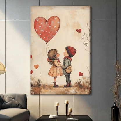 Sweet kids sharing heart balloon – storybook canvas print for nursery or living room wall