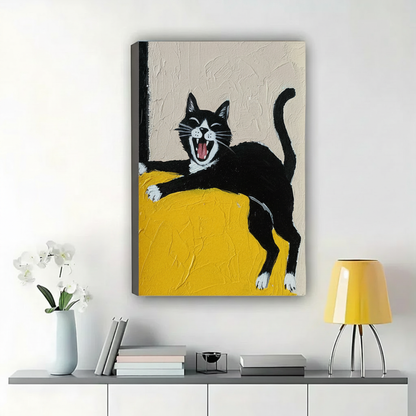 Laughing Tuxedo Cat on Yellow Sofa Wall Art – Bold Impasto Oil Painting Canvas Print on Natural Wood Frame | W2221