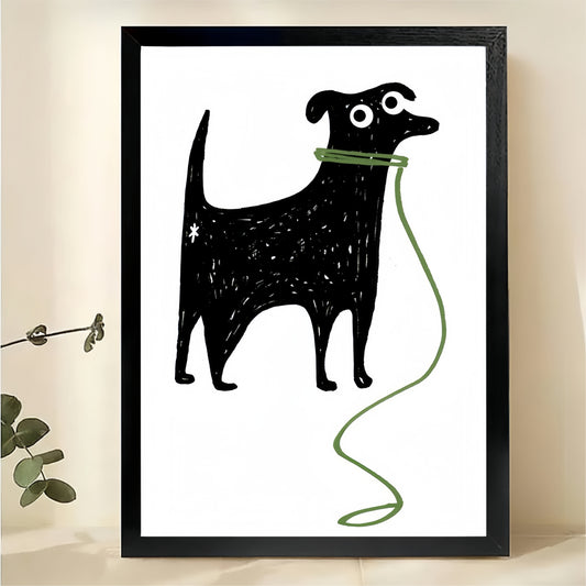 Dog with Leash Wall Art - Minimalist Line Drawing Print|W1296