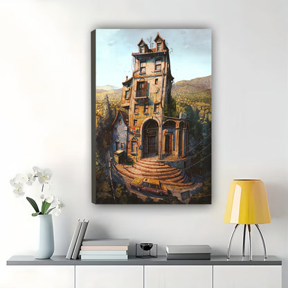 The Surreal Vintage Castle – Dreamy Fantasy Wall Art on Natural Wood Canvas | W642